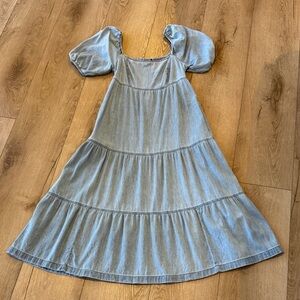 GAP Light Blue Denim Midi Dress with Puff Sleeves